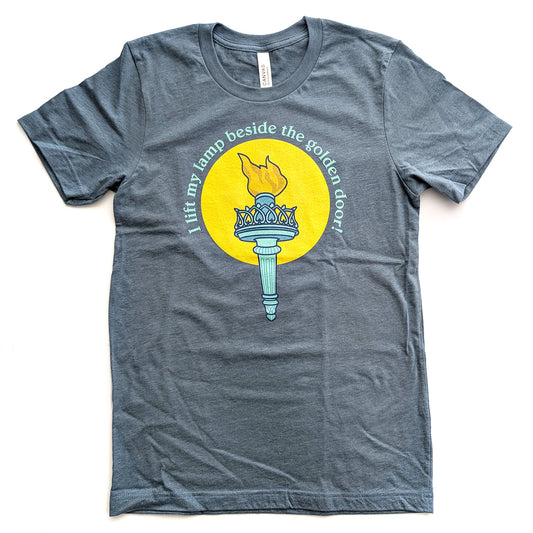 I lift my lamp beside the golden door! Bella Canvas Unisex T-Shirt - Circle Design